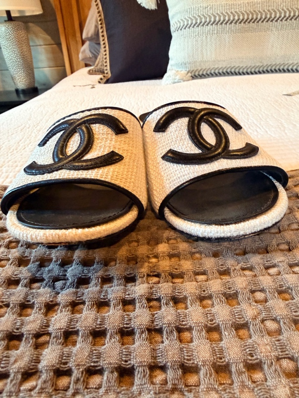 CHANEL Women's Off White and Black Slide Sandals - Picture 6 of 10